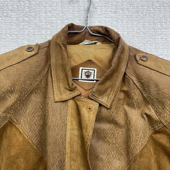 VTG Paris Sport Club Leather Jacket Brown Snake Skin Flight Bomber Padded M Read - Picture 2 of 16